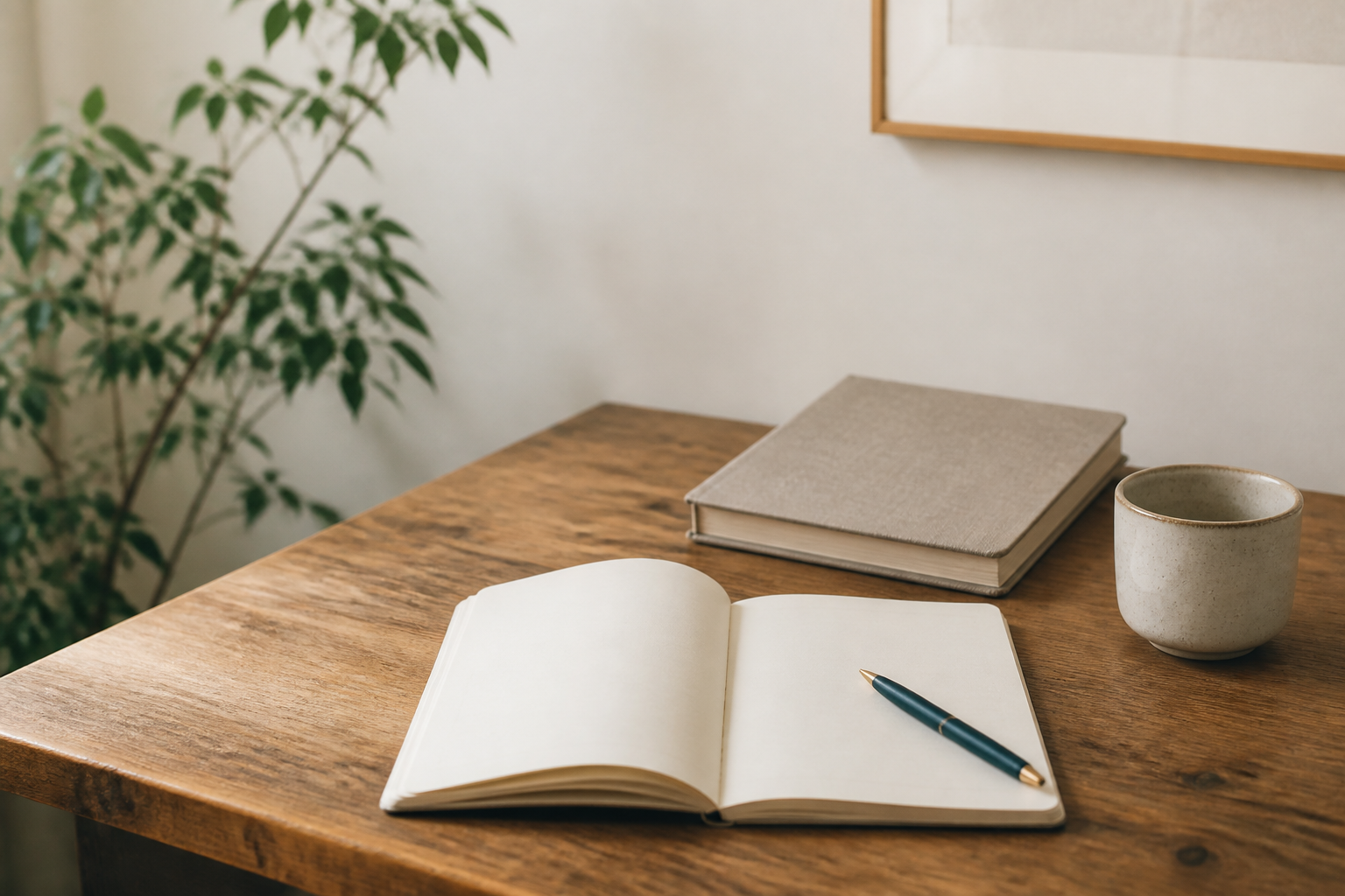 Inicio Cuaderno abierto y bolígrafo sobre un escritorio de madera con luz natural