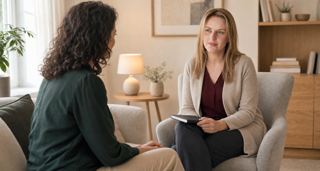 Sesión de psicoterapia en un entorno tranquilo y profesional